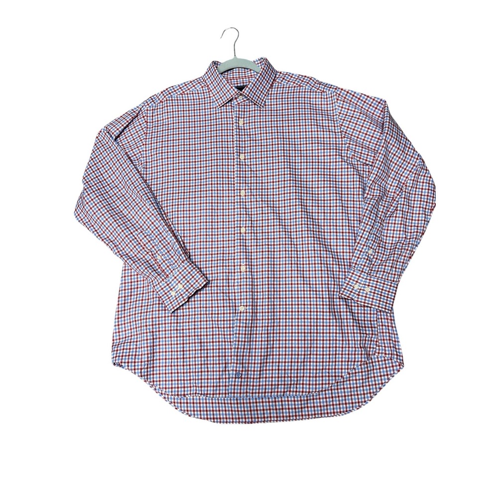 David Donahue Mens 17 34/35 Dress Shirt Red Blue Gingham Cotton Button Down